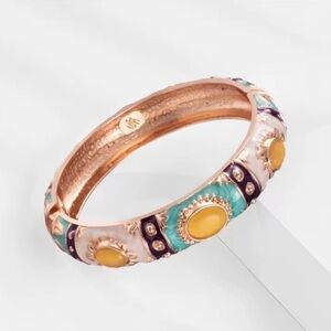 Vintage Green Enamel Bangle Bracelet | Gold Boho Cuff | Retro Statement Jewelry